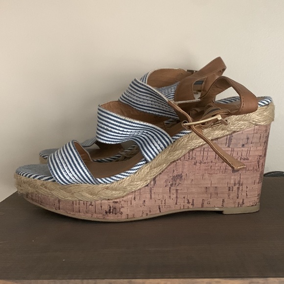 Nautical Blue and White Stripe Cork Wedges - Picture 2 of 9